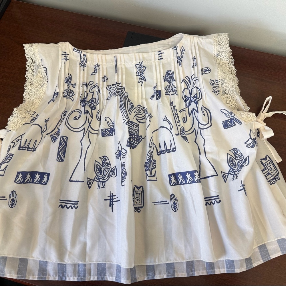 White Cotton Embroidered Tank Top with Blue Folk Print